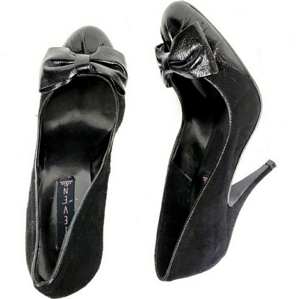 STEVEN Retro Suede Leather Cap Toe Pumps Heels Sz 39 8.5 Curved Bow Black
